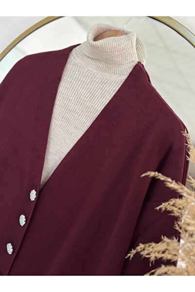 Ebrar Store Home's 7 Daisy Button Cardigan-Zi̇6183 Claret Red