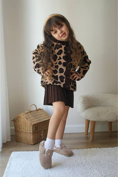PaytoKids Leopard Patterned Cardigan Brown Skirted Girl's Knitwear Set