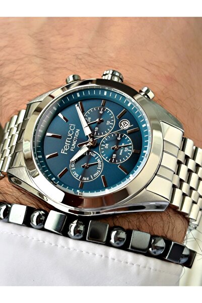 Ferrucci FERRUCCİ LACİVERT KADRANLI TAKVİMLİ FUNCTION GÜMÜŞ METAL ERKEK KOL SAATİ