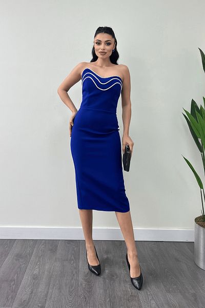giyimmasalı Atlas Fabric Strapless Pencil Dress - Saks Blue