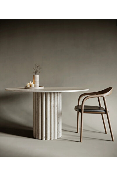 MIARIK DESIGN Yuvarlak Diana Sütun Ayak Traverten Mermer Yemek Masası