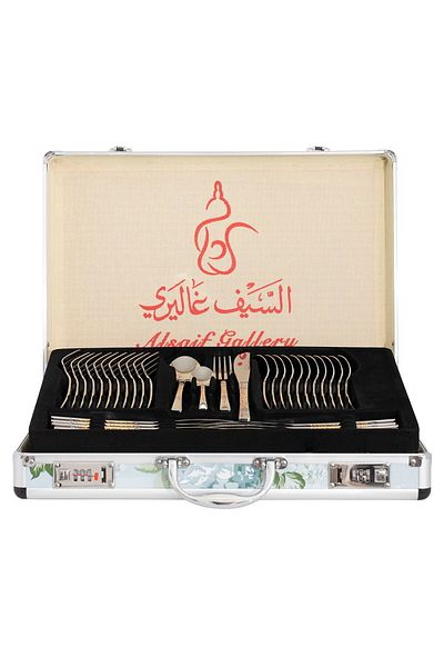 Alsaif Gallery طقم ملاعق ستانلس ستيل مع حافظة الومنيوم من السيف جاليري، 72 قطعة، نقشة ذهبية فضية
