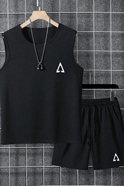 CAST COLLECTİON Men's Black Triangle Printed Tshirt Short Set