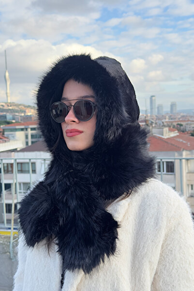 Mollycrush Peluş Boyun Bağlamalı Şapka Bere | Suni Kürklü Siyah Özel Tasarım ...