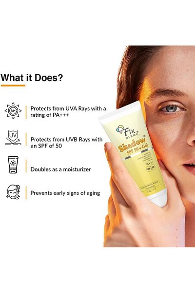 FixDerma Shadow SPF 50+ Gel Sunscreen, Broad Spectrum UVA/UVB Protection, Non-Greasy, Water-Resistant, 40g