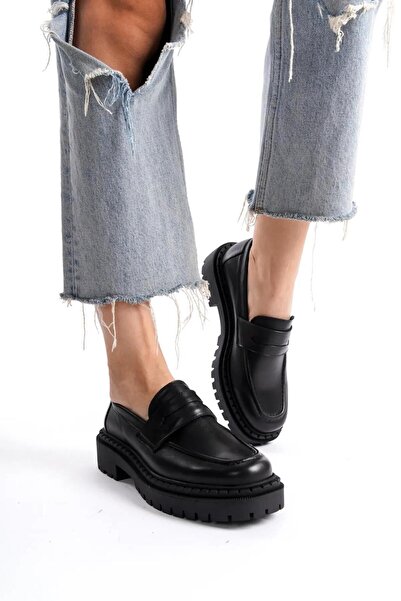 GRADA Siyah Hakiki Deri Küt Burun Kadın Oxford Loafer Ayakkabı Küt Burunlu Gerçek Deri Mokasen