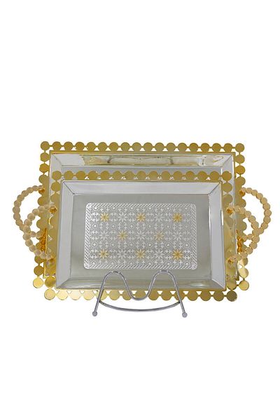 Alsaif Gallery Serving Tray Set Steel, Al Seif Gallery, 42×30×2 / 35×25×2 cm, Two Pieces, Floral Engraving - Silver