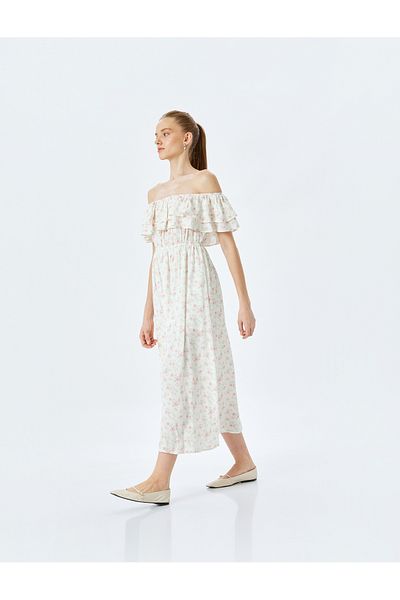 Koton Madonna Collar Off-The-Shoulder Floral Ruffles Long Viscose Dress