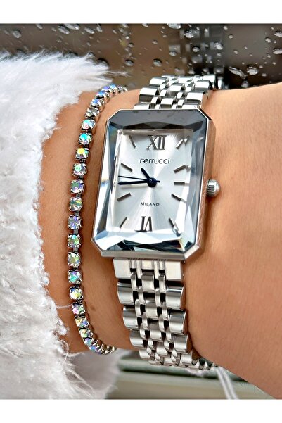 Ferrucci FERRUCCİ KESME CAMLI GÜMÜŞ METAL KADIN KOL SAATİ