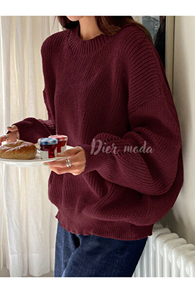 Dier Moda Kadın Bordo Oversize Triko Kazak