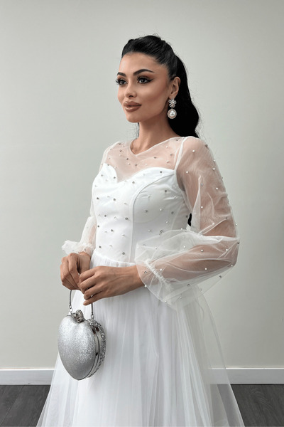 giyimmasalı Φόρεμα Organza Fabric Pearl Detailed Midi - ΛΕΥΚΟ