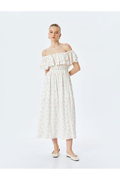 Koton Madonna Collar Off-The-Shoulder Floral Ruffles Long Viscose Dress