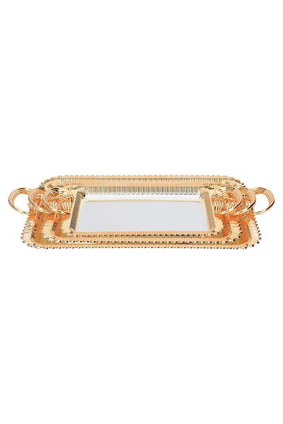 Alsaif Gallery Al Saif Gallery Stainless Steel Tray Set with Gold Handles, 3 Pieces - Silver
