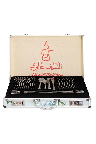 Alsaif Gallery طقم ملاعق ستانلس ستيل مع حافظة الومنيوم من السيف جاليري، 72 قطعة، نقش مذهب - فضي