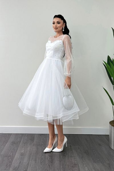 giyimmasalı Φόρεμα Organza Fabric Pearl Detailed Midi - ΛΕΥΚΟ