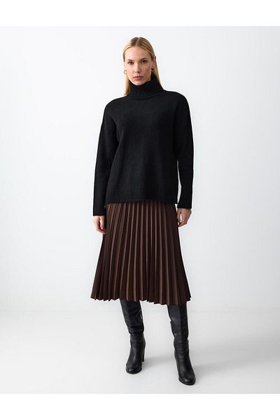 Jimmy Key Bitter Coffee Relaxed Fit High Waist Pleated Midi Skirt