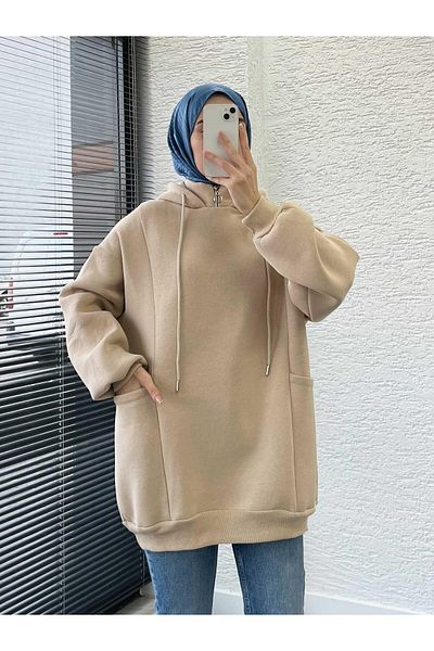 MELEK ARAZ Γυναικείο φούτερ Oversize με Κρεμ τσέπη