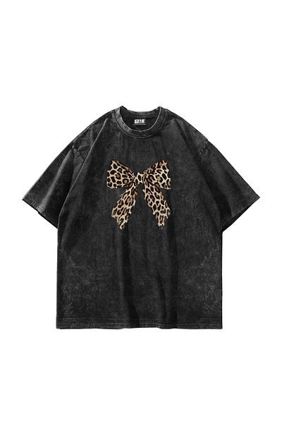 Sekizbiraltı Leopard Printed Oversize Unisex Μαύρο Tshirt - Φιόγκος 24/1
