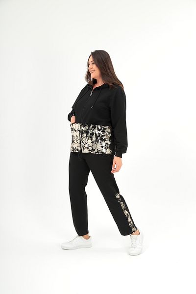 Şans Women's Large Size Black Lacquer Printed Zippered Tracksuit 65N38417