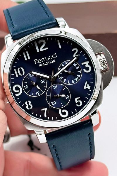 Ferrucci Men's Wristwatch - Navy Blue Leather Cord, 3Atm Bracelet Gift, Sdfer141