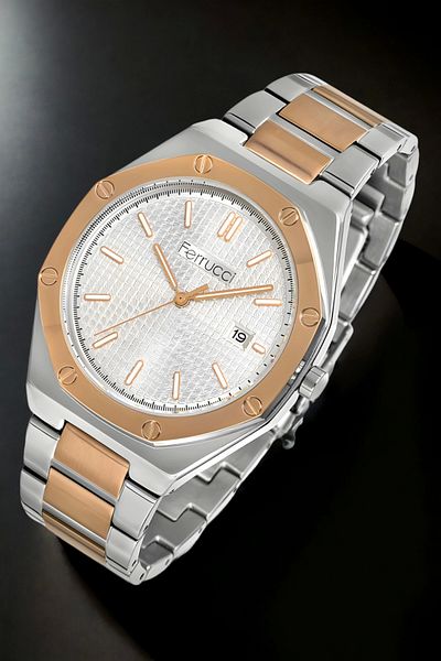 Ferrucci Men's Wristwatch and Bracelet with Calendar - Silver/Rose Color Fc.12715Tm.02