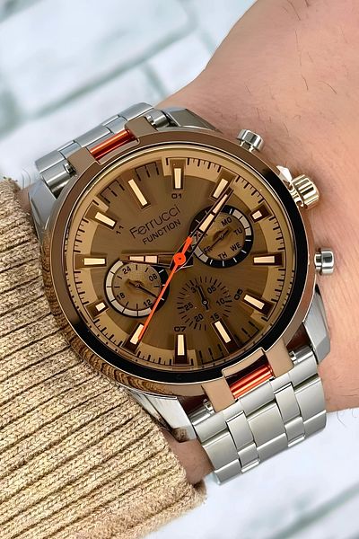 Ferrucci Men's Wristwatch - 3Atm, Silver-Rose Color, Colorful Mineral Glass Bracelet Sdfer139