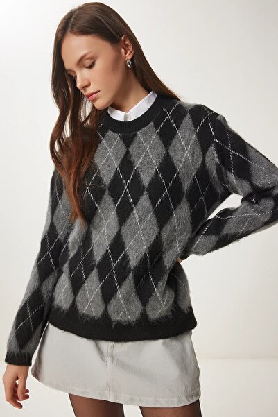 Nopen Knitwear Πλεκτό πουλόβερ με απαλή υφή Argyle - Μαύρο Ανθρακί
