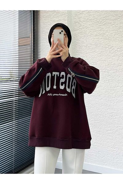 MELEK ARAZ Burgundy Back Zipper Oversize Women's Sweat