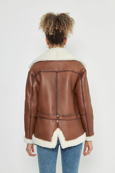 By Marki Marki Tan Leather and Fur Coat for Women - 77 Cm, Belt, Oversize - 106322