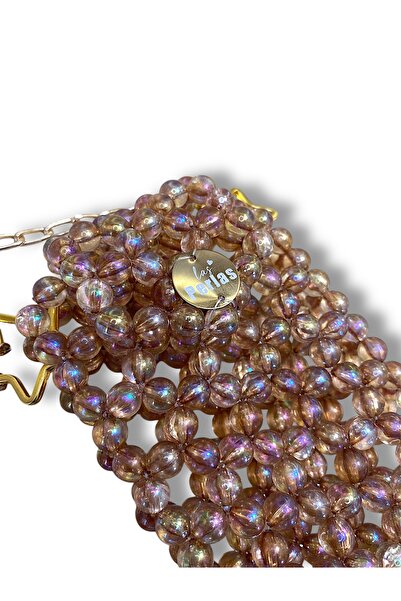 Las Perlas Kahverengi Parlak Boncuk Tasarım Telefon Çantası Çapraz Askılı Cüzdan Telefonluk