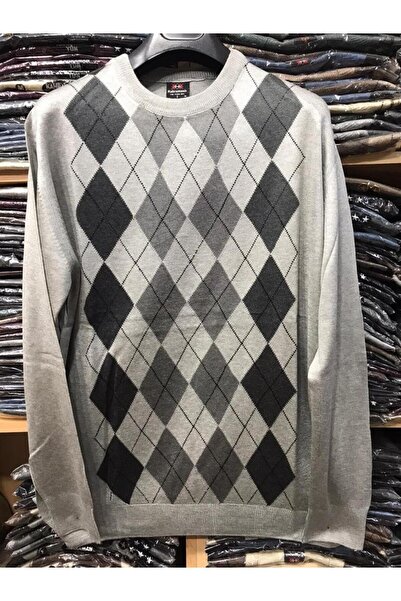 nacar çarşı Men's Dad Patterned Light Gray Crew Neck Sweater