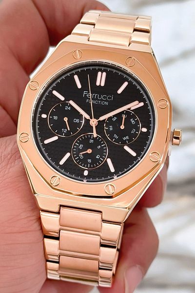 Ferrucci Steel Cord Function Men Wrist Watch Rose 3Atm Water Resistant Sdfer086