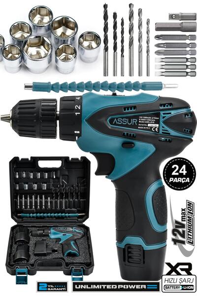 ASR Assur 12v 1.5ah Çift Akülü Vidalama Şarjlı Matkap 24 Parça