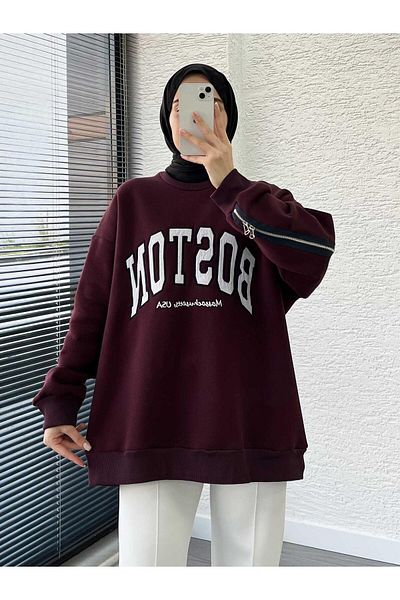 MELEK ARAZ Burgundy Back Zipper Oversize Women's Sweat