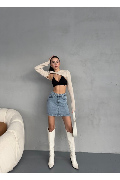 alanora Kadın Yüksek Bel Likralı Mini Denim Etek