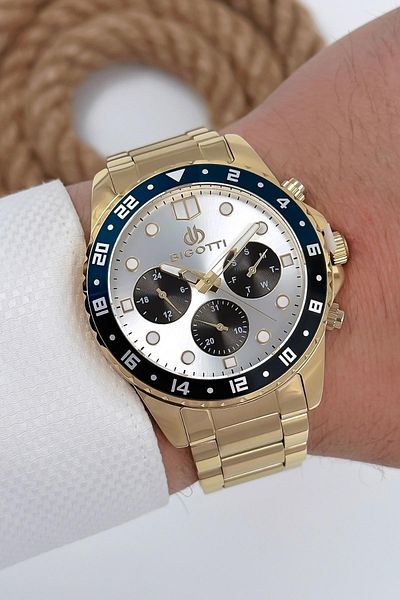 Bigotti Men's Wristwatch All Functions Active Gold Color Steel Cord Sdb003