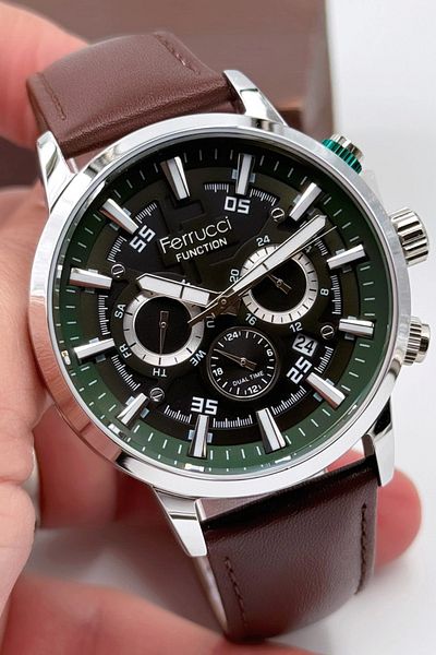 Ferrucci Men's Wristwatch - Brown Leather Cord, 3Atm Bracelet, Gift Sdfer140