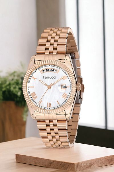 Ferrucci Rose Gold Steel Band Steel Case Women's Watch Double Calendar Fc.13024Tm.09 Zmfer099