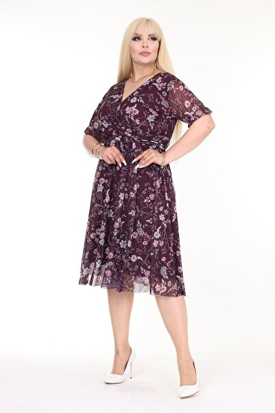 modayız Plus Size Patterned Double Breasted Collar Summer Dress - Short Sleeve 25b-2571