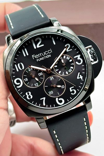 Ferrucci Men's Wristwatch - Black Leather Cord, 3Atm Bracelet, Gift Black-Rose Sdfer141