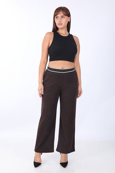 EXİTLİNE Women's Elastic Waist Double Color Stripe Brown Velvet Trousers