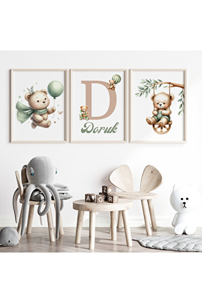 CKA Tasarım Yeşil Ayıcıklı 3'lü İsim Tablo Seti, Çocuk Odası Tablosu, Bebek O...