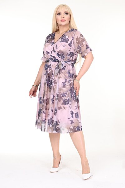 modayız Plus Size Patterned Double Breasted Collar Summer Dress - Short Sleeve 1b-2570
