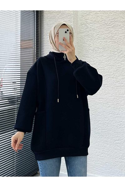 MELEK ARAZ Navy Blue Oversize Women's Sweat with Pockets