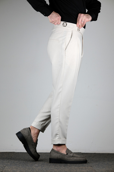 MODA Ekru Tokalı Yüksek Bel Pileli Erkek Pantolon