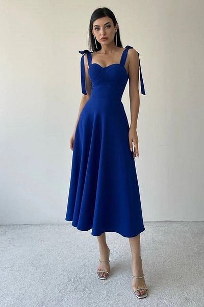 WOMAN VISION Rochie albastră Saks pentru femei, țesătură Atlas, cu cureaua din dantelă căptușită la piept, lungime midi, cu tăietură evazată 166