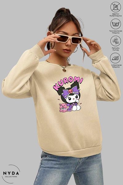 Nyda Collections Γυναικείο μακρυμάνικο Kuromi Anime με στάμπα με λαιμόκοψη χωρίς κουκούλα Oversize φούτερ