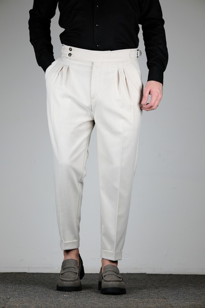 MODA Ekru Tokalı Yüksek Bel Pileli Erkek Pantolon