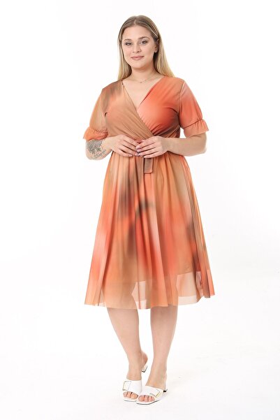 modayız Double Breasted Collar Plus Size Short Sleeve Dress 30A-2530