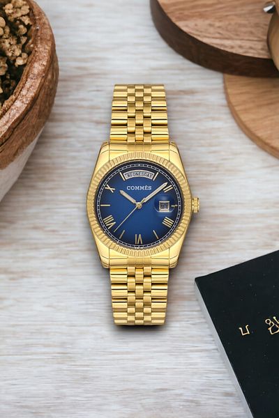 COMMES Double Calendar Gold-Blue Steel Band Steel Case Women's Wrist Watch Sdcms035